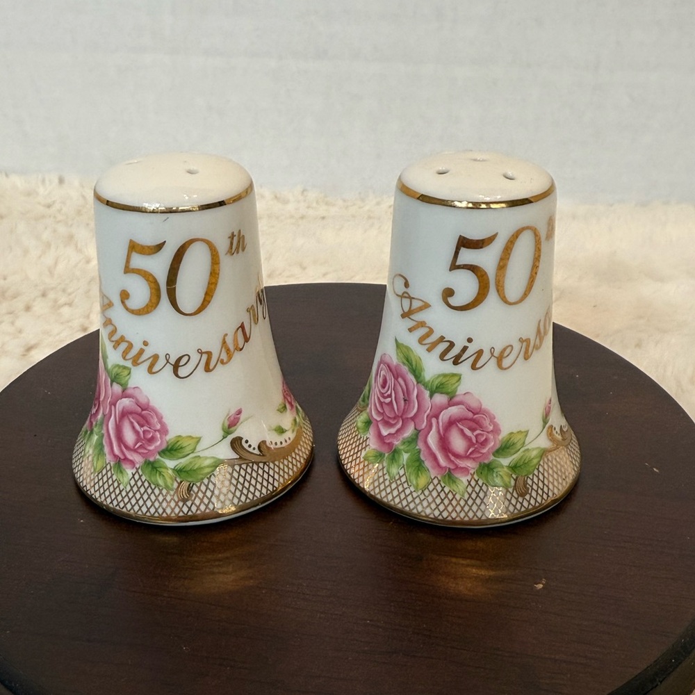 Vintage Lefton “50th Anniversary” porcelain salt & pepper shakers